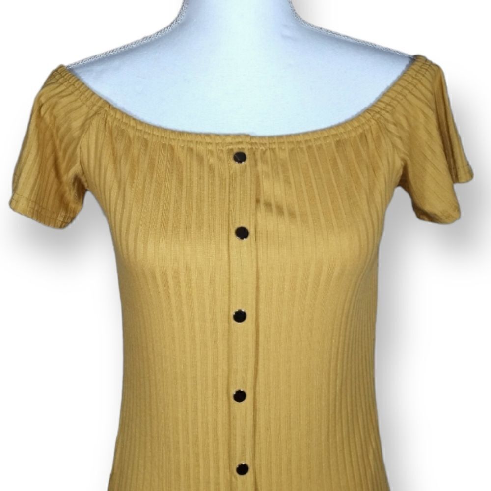 SAY WHAT? RIBBED YELLOW MIDI OFF-THE-SHOULDER DRESS SZ.L EUC - Picture 3 of 8